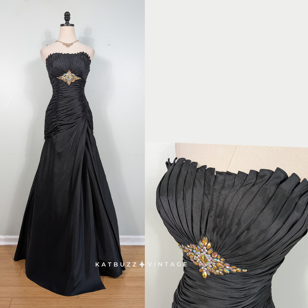 Y2K Prom Dress Maxi Gown 2 Black Glam Mermaid Strapless Pageant Formal Rhineston
